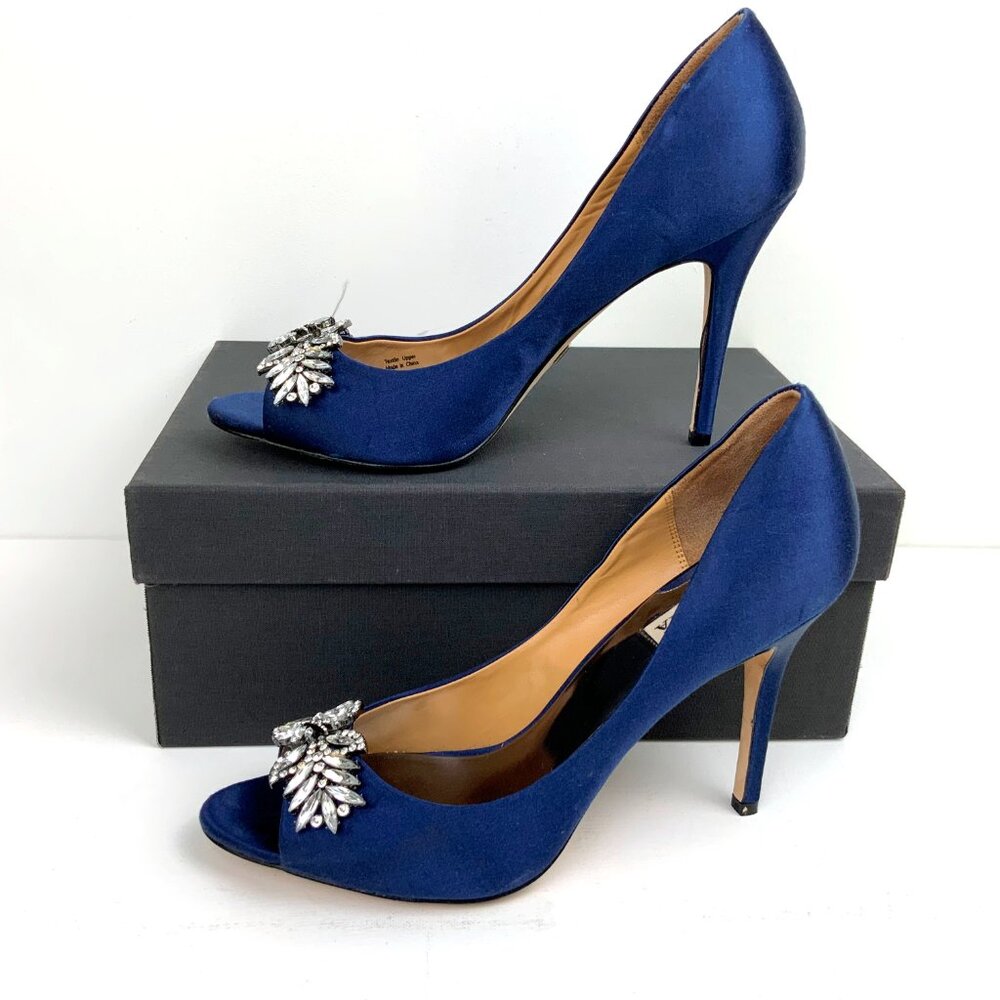 Badgley Mischka Blue Satin & Rhinestone Peep-Toe Formal Lux Pump Sz 10M - Picture 8 of 16
